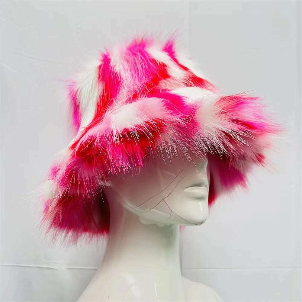 Winter Warm Faux Fur Bucket Hats For Women Girl Big Faux Fur Fluffy Luxury Plush Fisherman Caps Fashion Outdoor Ski Hat - KIMLUD