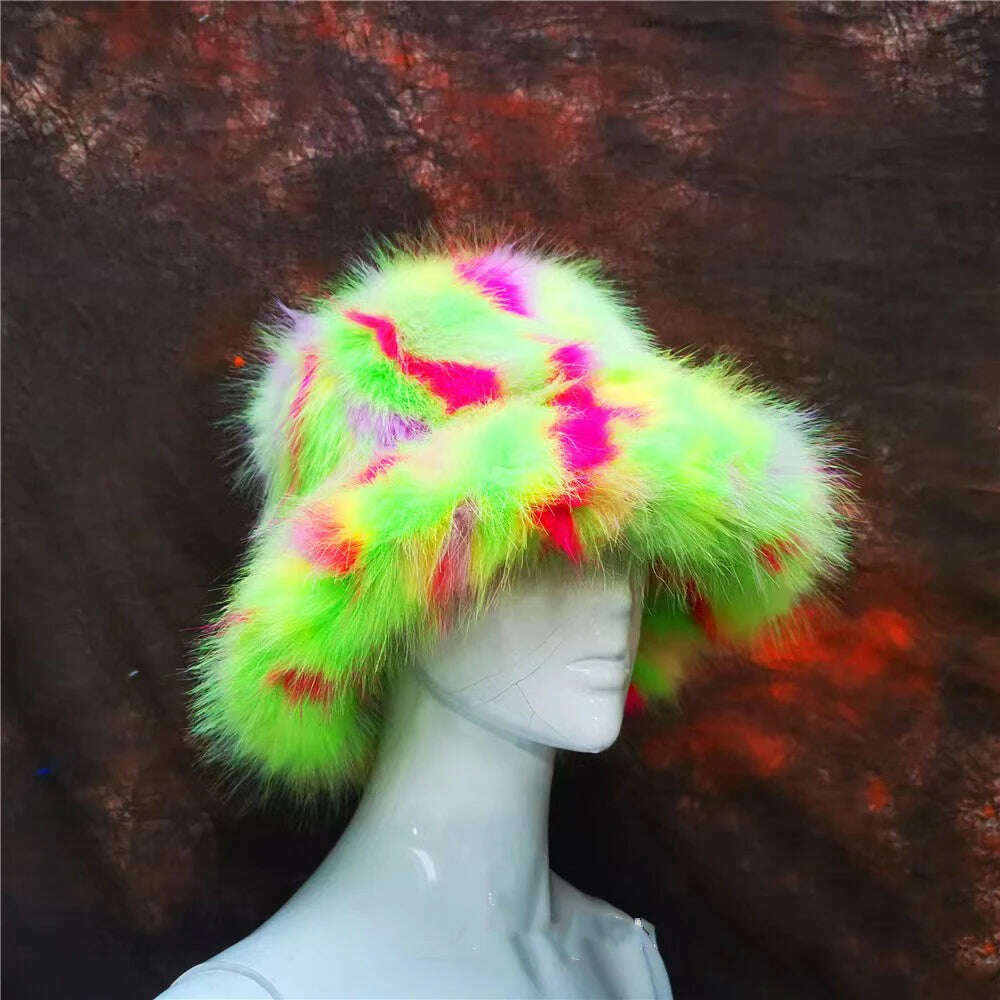 Winter Warm Faux Fur Bucket Hats For Women Girl Big Faux Fur Fluffy Luxury Plush Fisherman Caps Fashion Outdoor Ski Hat - KIMLUD
