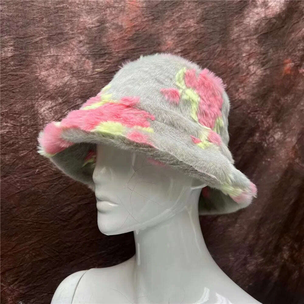 Winter Warm Faux Fur Bucket Hats For Women Girl Big Faux Fur Fluffy Luxury Plush Fisherman Caps Fashion Outdoor Ski Hat - KIMLUD