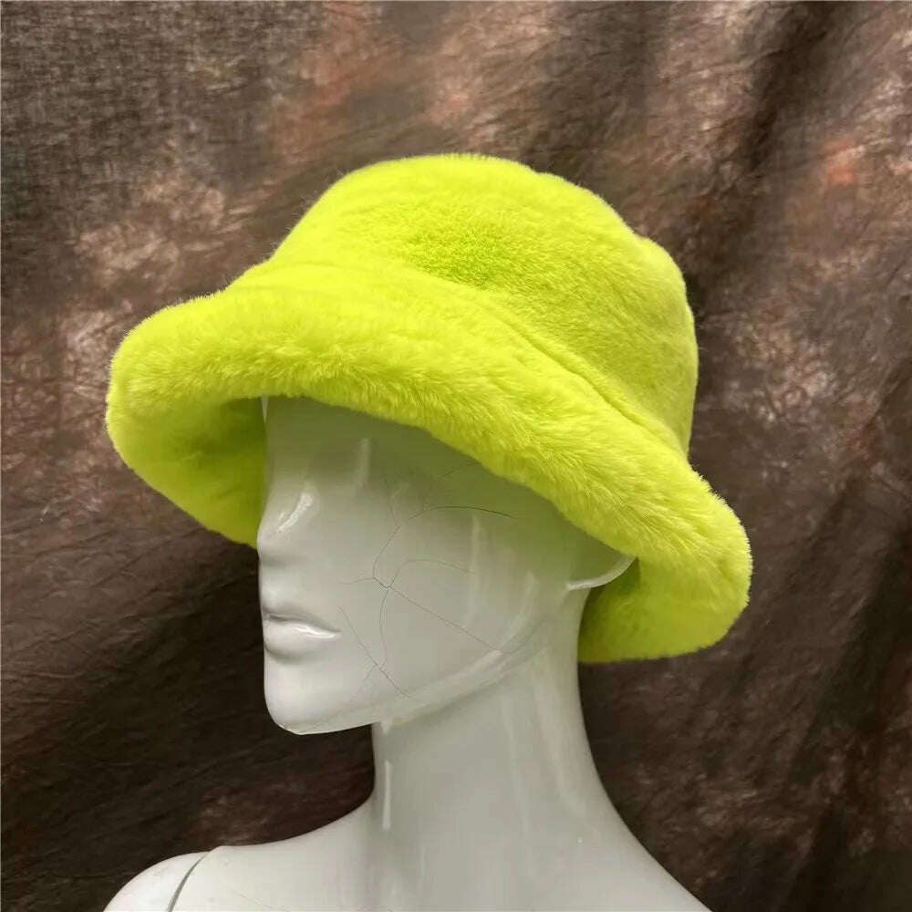 Winter Warm Faux Fur Bucket Hats For Women Girl Big Faux Fur Fluffy Luxury Plush Fisherman Caps Fashion Outdoor Ski Hat - KIMLUD