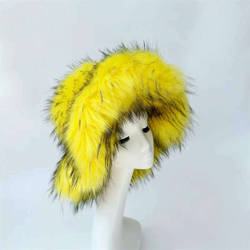 Winter Warm Faux Fur Bucket Hats For Women Girl Big Faux Fur Fluffy Luxury Plush Fisherman Caps Fashion Outdoor Ski Hat - KIMLUD
