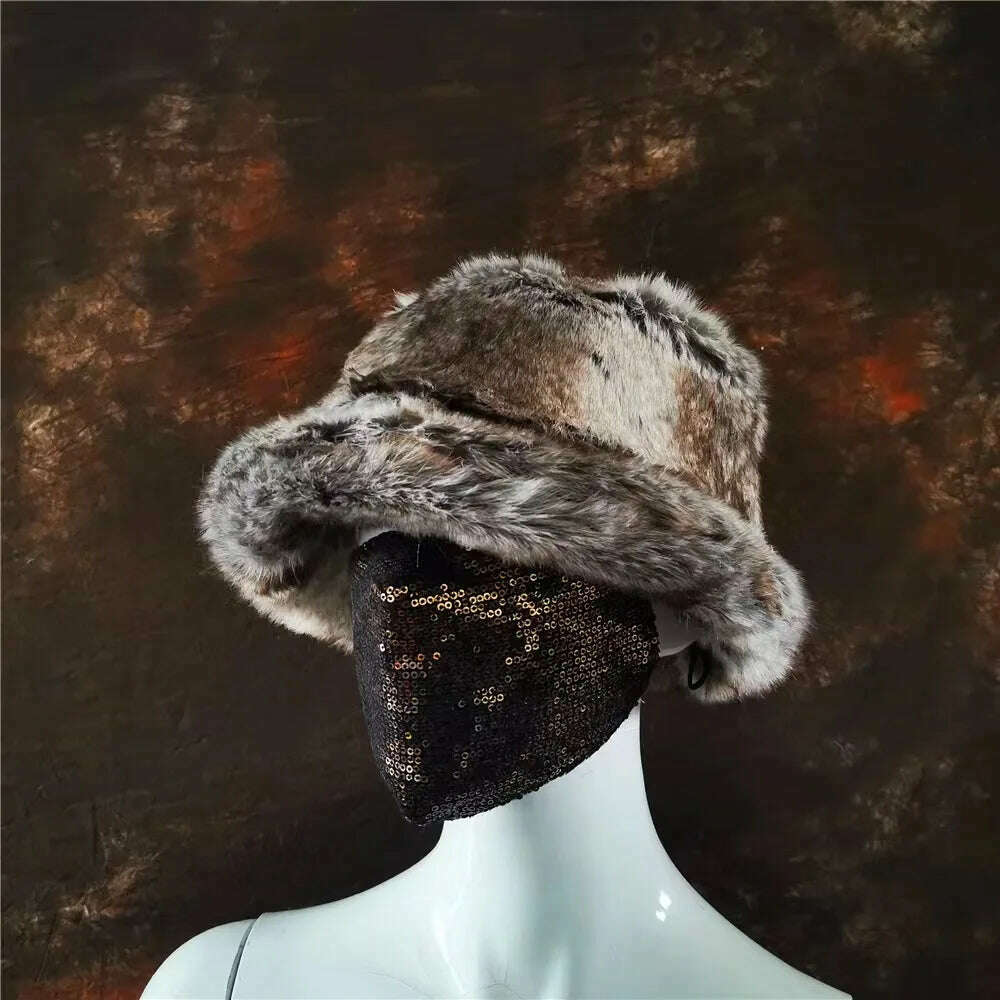 Winter Warm Faux Fur Bucket Hats For Women Girl Big Faux Fur Fluffy Luxury Plush Fisherman Caps Fashion Outdoor Ski Hat - KIMLUD
