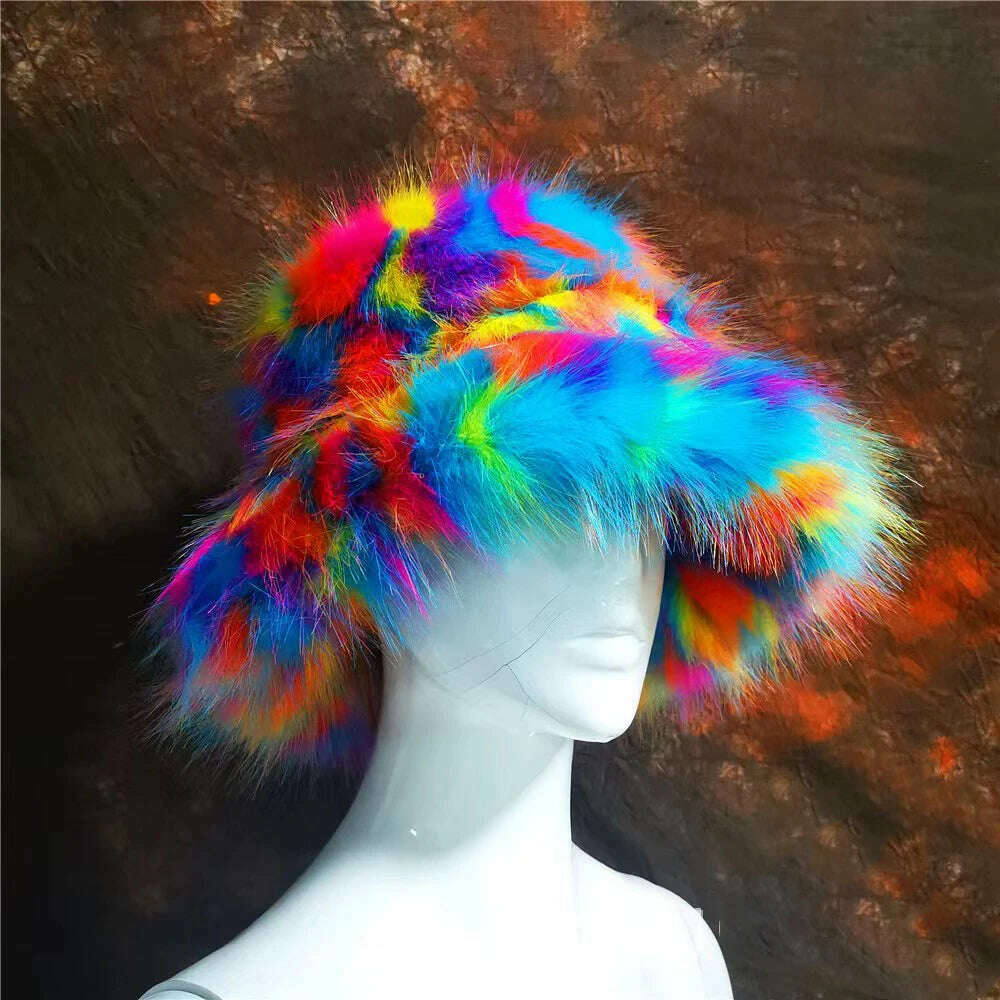 Winter Warm Faux Fur Bucket Hats For Women Girl Big Faux Fur Fluffy Luxury Plush Fisherman Caps Fashion Outdoor Ski Hat - KIMLUD