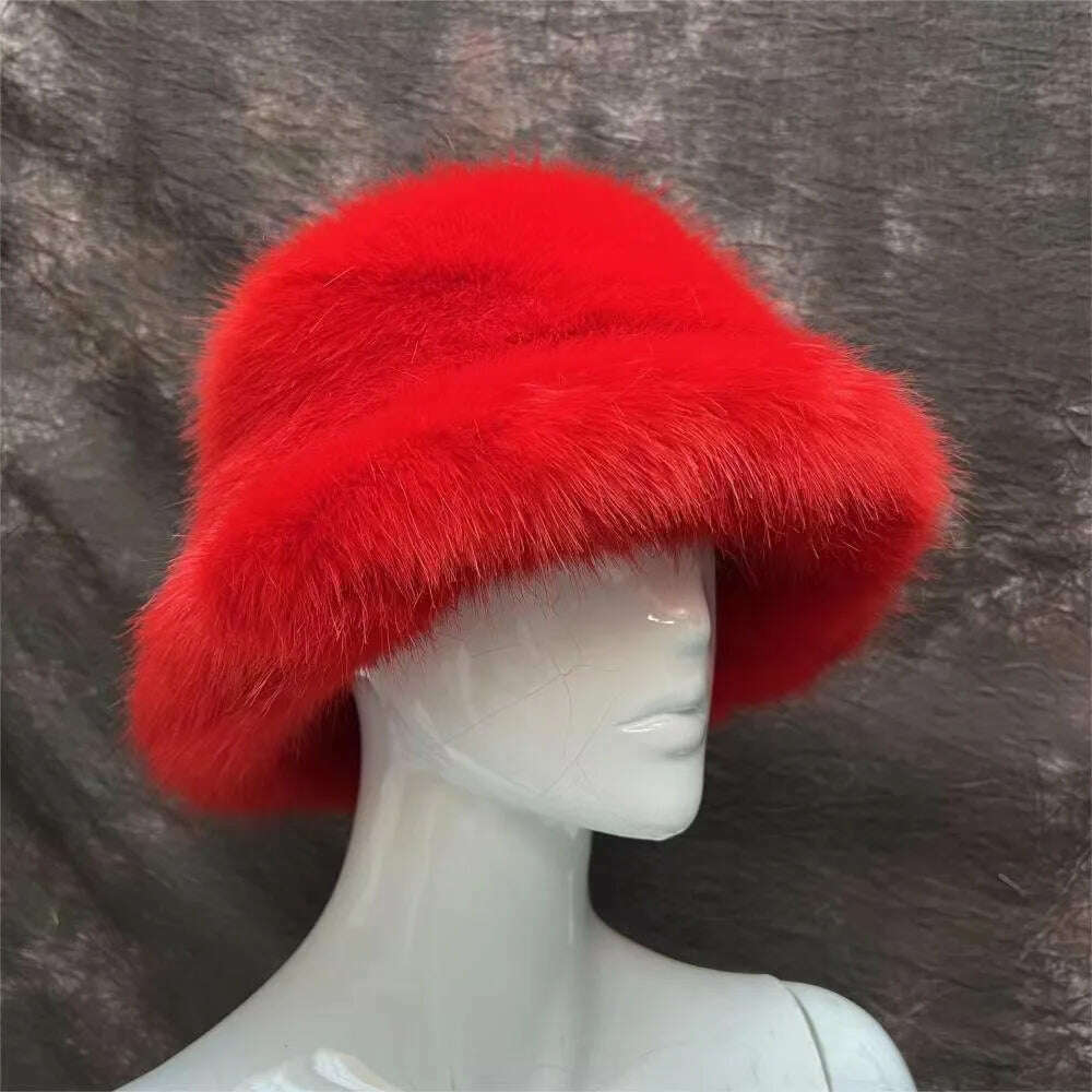 Winter Warm Faux Fur Bucket Hats For Women Girl Big Faux Fur Fluffy Luxury Plush Fisherman Caps Fashion Outdoor Ski Hat - KIMLUD