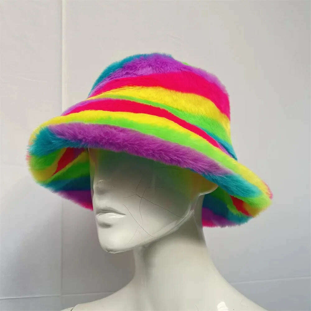 Winter Warm Faux Fur Bucket Hats For Women Girl Big Faux Fur Fluffy Luxury Plush Fisherman Caps Fashion Outdoor Ski Hat - KIMLUD