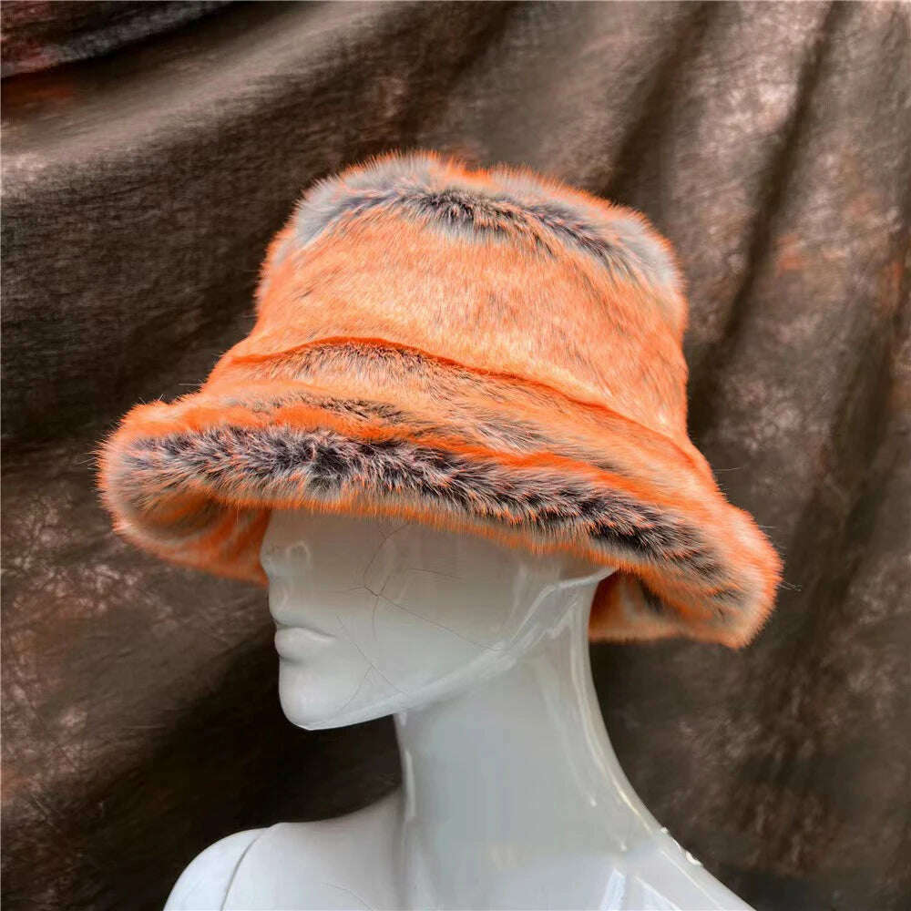 Winter Warm Faux Fur Bucket Hats For Women Girl Big Faux Fur Fluffy Luxury Plush Fisherman Caps Fashion Outdoor Ski Hat - KIMLUD