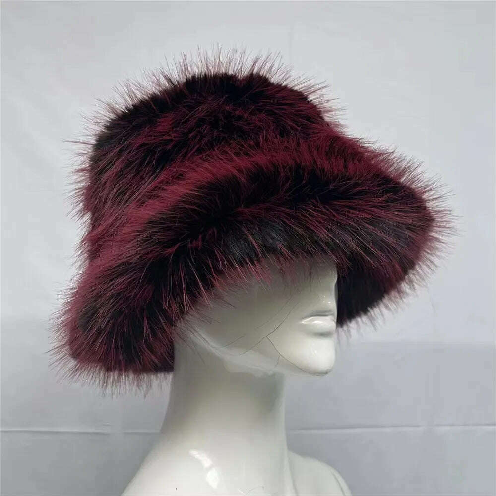 Winter Warm Faux Fur Bucket Hats For Women Girl Big Faux Fur Fluffy Luxury Plush Fisherman Caps Fashion Outdoor Ski Hat - KIMLUD