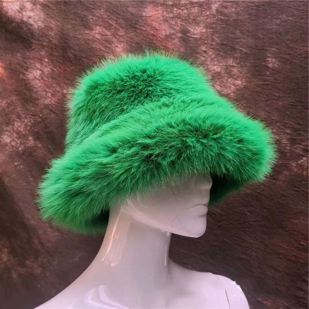 Winter Warm Faux Fur Bucket Hats For Women Girl Big Faux Fur Fluffy Luxury Plush Fisherman Caps Fashion Outdoor Ski Hat - KIMLUD