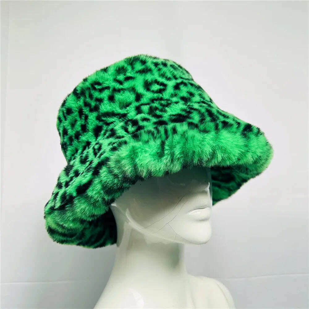 Winter Warm Faux Fur Bucket Hats For Women Girl Big Faux Fur Fluffy Luxury Plush Fisherman Caps Fashion Outdoor Ski Hat - KIMLUD