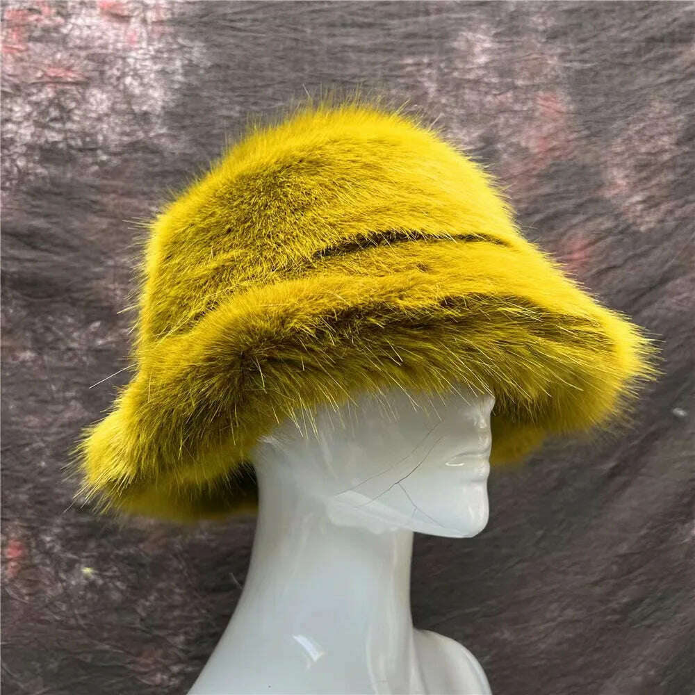 Winter Warm Faux Fur Bucket Hats For Women Girl Big Faux Fur Fluffy Luxury Plush Fisherman Caps Fashion Outdoor Ski Hat - KIMLUD