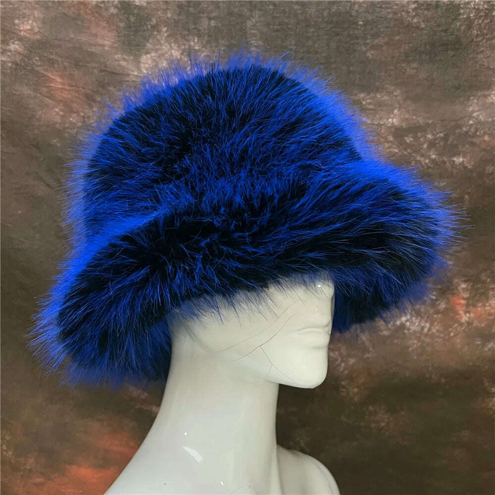 Winter Warm Faux Fur Bucket Hats For Women Girl Big Faux Fur Fluffy Luxury Plush Fisherman Caps Fashion Outdoor Ski Hat - KIMLUD