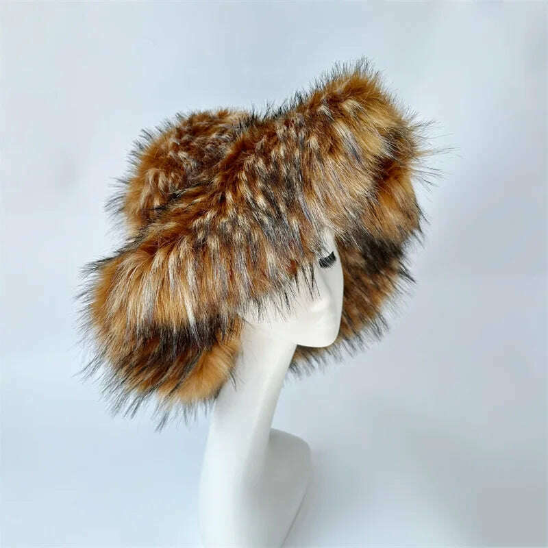 Winter Warm Faux Fur Bucket Hats For Women Girl Big Faux Fur Fluffy Luxury Plush Fisherman Caps Fashion Outdoor Ski Hat - KIMLUD
