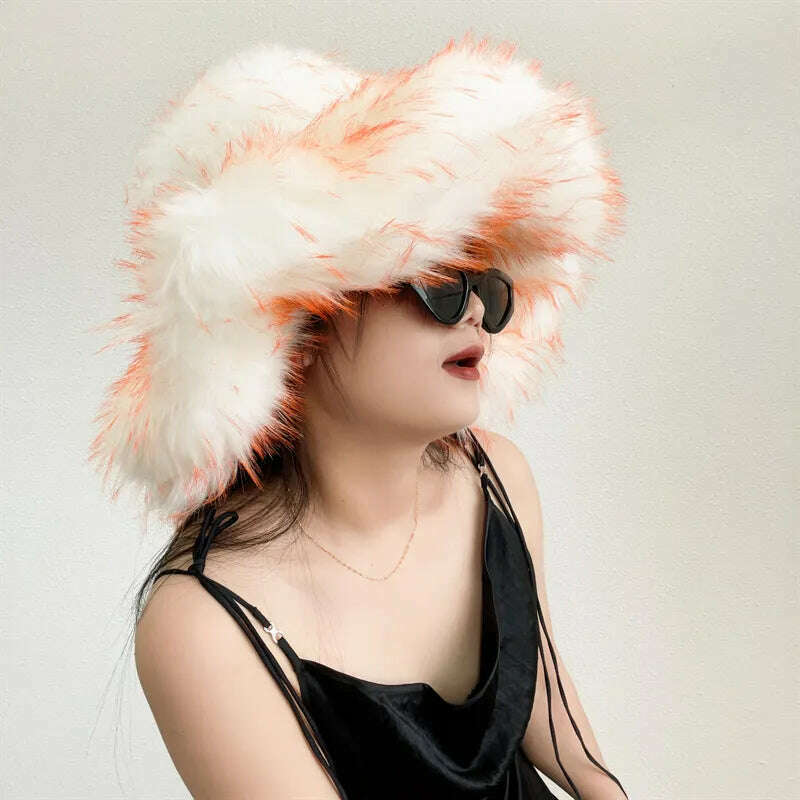 Winter Warm Faux Fur Bucket Hats For Women Girl Big Faux Fur Fluffy Luxury Plush Fisherman Caps Fashion Outdoor Ski Hat - KIMLUD