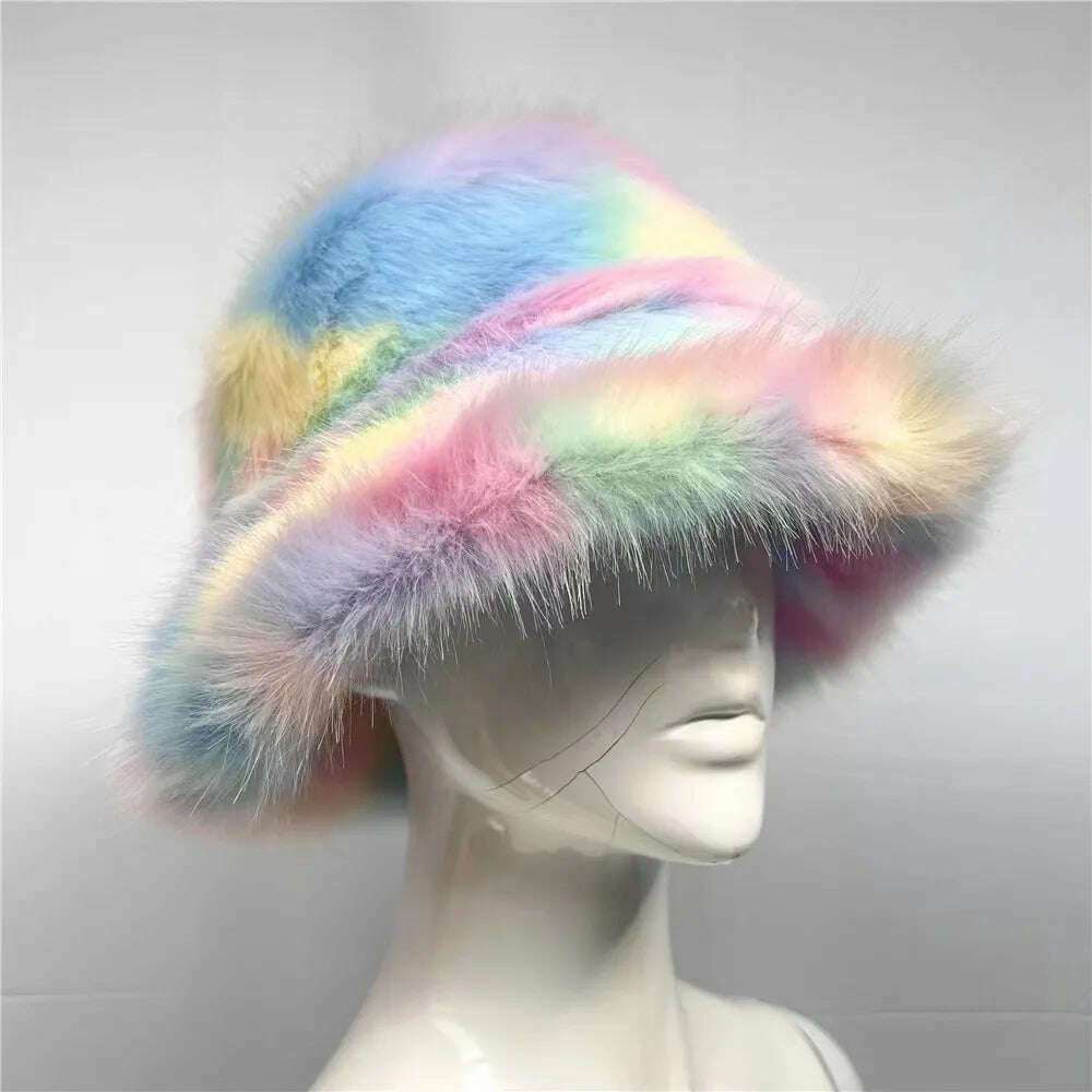 Winter Warm Faux Fur Bucket Hats For Women Girl Big Faux Fur Fluffy Luxury Plush Fisherman Caps Fashion Outdoor Ski Hat - KIMLUD