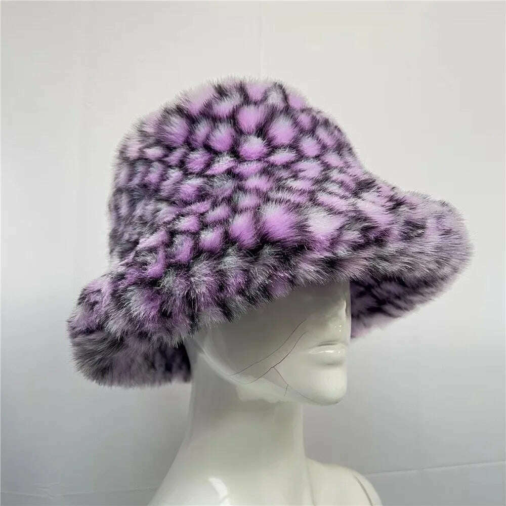 Winter Warm Faux Fur Bucket Hats For Women Girl Big Faux Fur Fluffy Luxury Plush Fisherman Caps Fashion Outdoor Ski Hat - KIMLUD