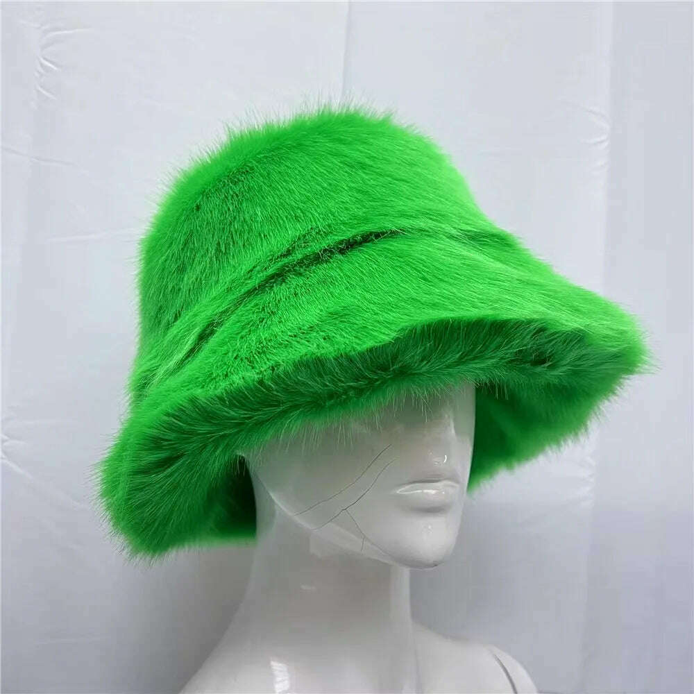 Winter Warm Faux Fur Bucket Hats For Women Girl Big Faux Fur Fluffy Luxury Plush Fisherman Caps Fashion Outdoor Ski Hat - KIMLUD