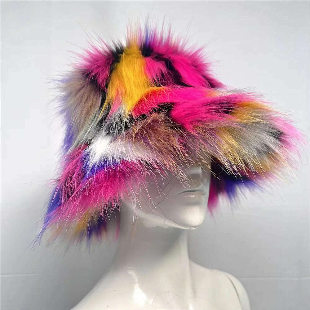 Winter Warm Faux Fur Bucket Hats For Women Girl Big Faux Fur Fluffy Luxury Plush Fisherman Caps Fashion Outdoor Ski Hat - KIMLUD