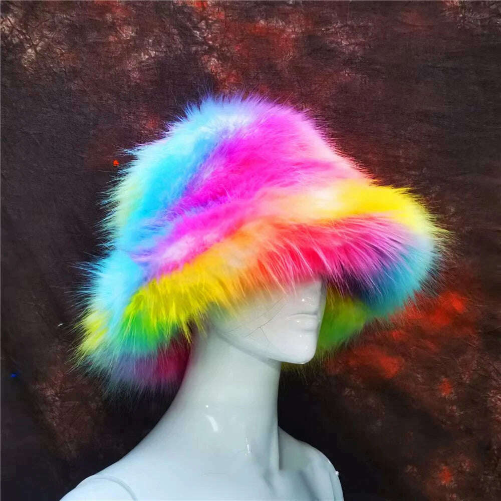 Winter Warm Faux Fur Bucket Hats For Women Girl Big Faux Fur Fluffy Luxury Plush Fisherman Caps Fashion Outdoor Ski Hat - KIMLUD
