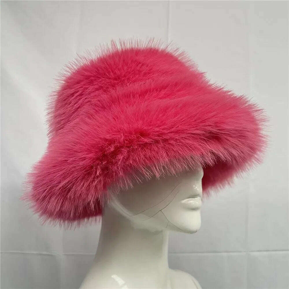 KIMLUD, Winter Warm Faux Fur Bucket Hats For Women Girl Big Faux Fur Fluffy Luxury Plush Fisherman Caps Fashion Outdoor Ski Hat, 25 / CHINA / 55-60CM, KIMLUD Womens Clothes