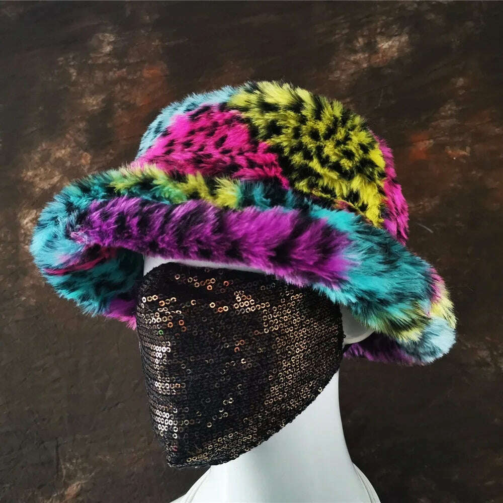 Winter Warm Faux Fur Bucket Hats For Women Girl Big Faux Fur Fluffy Luxury Plush Fisherman Caps Fashion Outdoor Ski Hat - KIMLUD