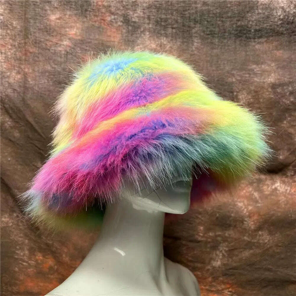 Winter Warm Faux Fur Bucket Hats For Women Girl Big Faux Fur Fluffy Luxury Plush Fisherman Caps Fashion Outdoor Ski Hat - KIMLUD