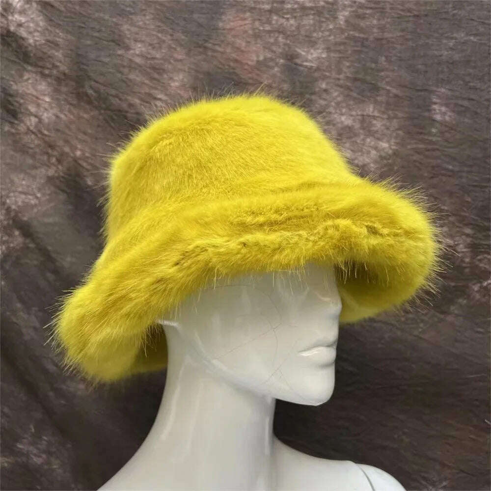 Winter Warm Faux Fur Bucket Hats For Women Girl Big Faux Fur Fluffy Luxury Plush Fisherman Caps Fashion Outdoor Ski Hat - KIMLUD