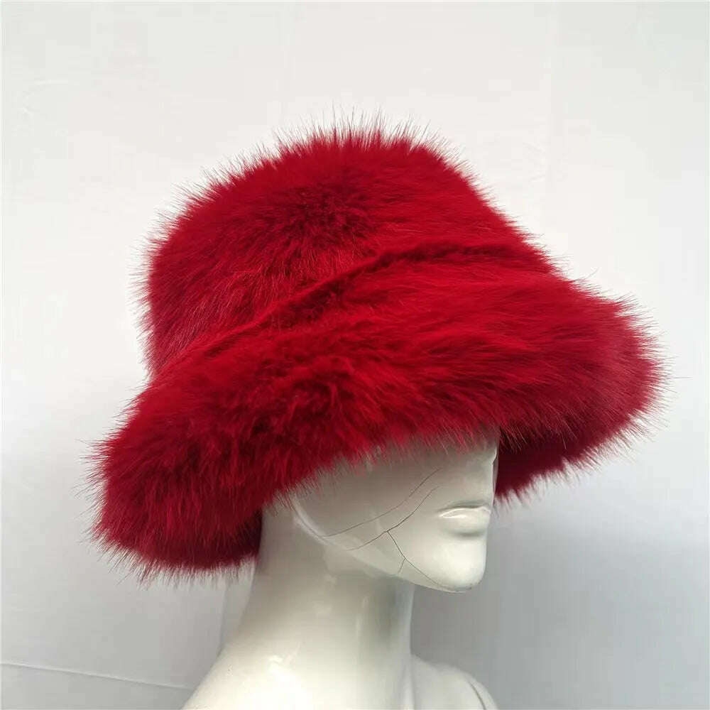 Winter Warm Faux Fur Bucket Hats For Women Girl Big Faux Fur Fluffy Luxury Plush Fisherman Caps Fashion Outdoor Ski Hat - KIMLUD