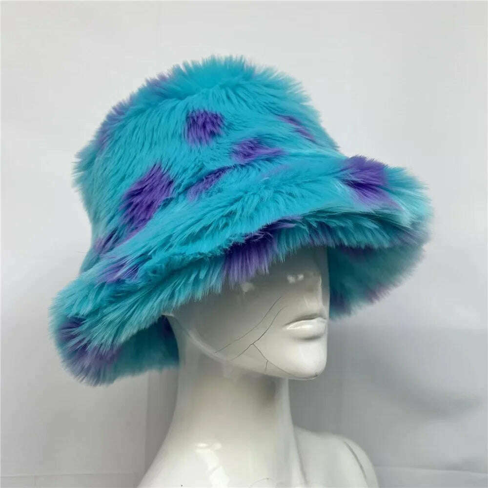 Winter Warm Faux Fur Bucket Hats For Women Girl Big Faux Fur Fluffy Luxury Plush Fisherman Caps Fashion Outdoor Ski Hat - KIMLUD