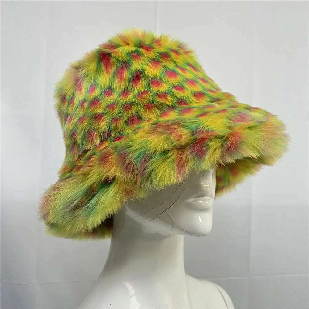Winter Warm Faux Fur Bucket Hats For Women Girl Big Faux Fur Fluffy Luxury Plush Fisherman Caps Fashion Outdoor Ski Hat - KIMLUD