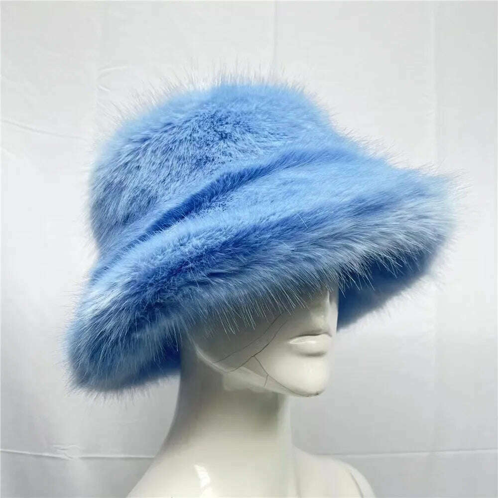 Winter Warm Faux Fur Bucket Hats For Women Girl Big Faux Fur Fluffy Luxury Plush Fisherman Caps Fashion Outdoor Ski Hat - KIMLUD