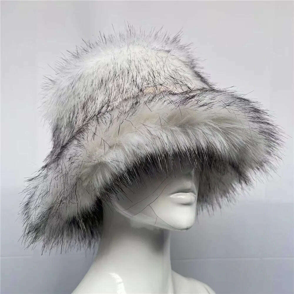 Winter Warm Faux Fur Bucket Hats For Women Girl Big Faux Fur Fluffy Luxury Plush Fisherman Caps Fashion Outdoor Ski Hat - KIMLUD