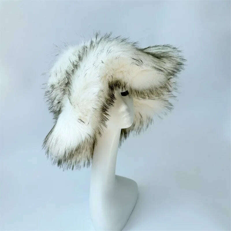 Winter Warm Faux Fur Bucket Hats For Women Girl Big Faux Fur Fluffy Luxury Plush Fisherman Caps Fashion Outdoor Ski Hat - KIMLUD