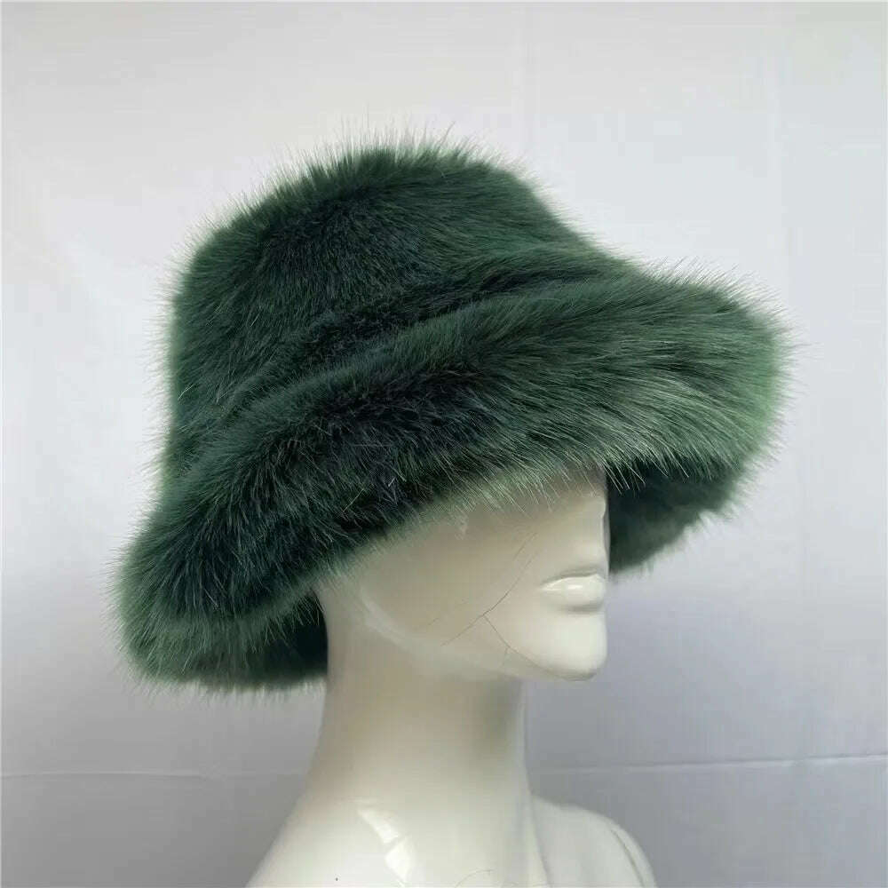 Winter Warm Faux Fur Bucket Hats For Women Girl Big Faux Fur Fluffy Luxury Plush Fisherman Caps Fashion Outdoor Ski Hat - KIMLUD