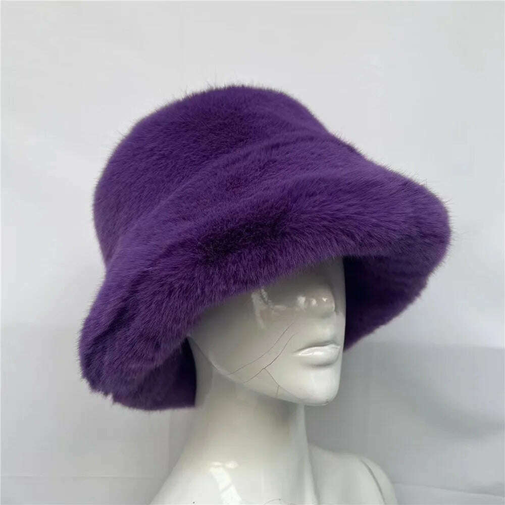 Winter Warm Faux Fur Bucket Hats For Women Girl Big Faux Fur Fluffy Luxury Plush Fisherman Caps Fashion Outdoor Ski Hat - KIMLUD