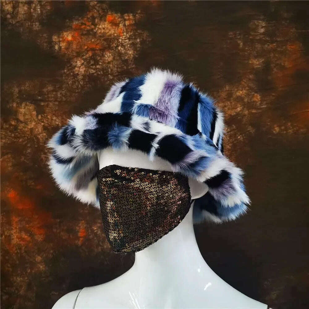 Winter Warm Faux Fur Bucket Hats For Women Girl Big Faux Fur Fluffy Luxury Plush Fisherman Caps Fashion Outdoor Ski Hat - KIMLUD