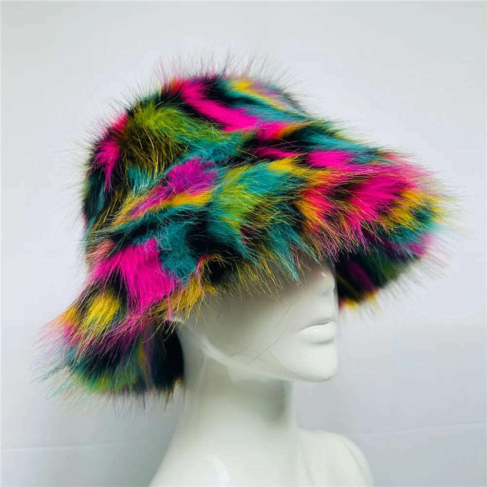 Winter Warm Faux Fur Bucket Hats For Women Girl Big Faux Fur Fluffy Luxury Plush Fisherman Caps Fashion Outdoor Ski Hat - KIMLUD