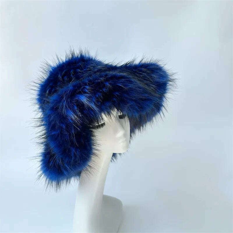 Winter Warm Faux Fur Bucket Hats For Women Girl Big Faux Fur Fluffy Luxury Plush Fisherman Caps Fashion Outdoor Ski Hat - KIMLUD