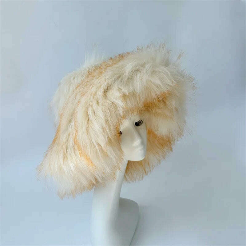 Winter Warm Faux Fur Bucket Hats For Women Girl Big Faux Fur Fluffy Luxury Plush Fisherman Caps Fashion Outdoor Ski Hat - KIMLUD