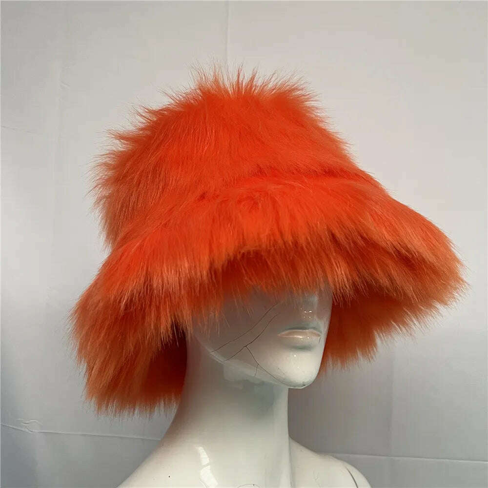 Winter Warm Faux Fur Bucket Hats For Women Girl Big Faux Fur Fluffy Luxury Plush Fisherman Caps Fashion Outdoor Ski Hat - KIMLUD