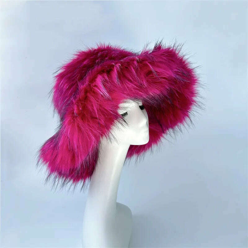 Winter Warm Faux Fur Bucket Hats For Women Girl Big Faux Fur Fluffy Luxury Plush Fisherman Caps Fashion Outdoor Ski Hat - KIMLUD