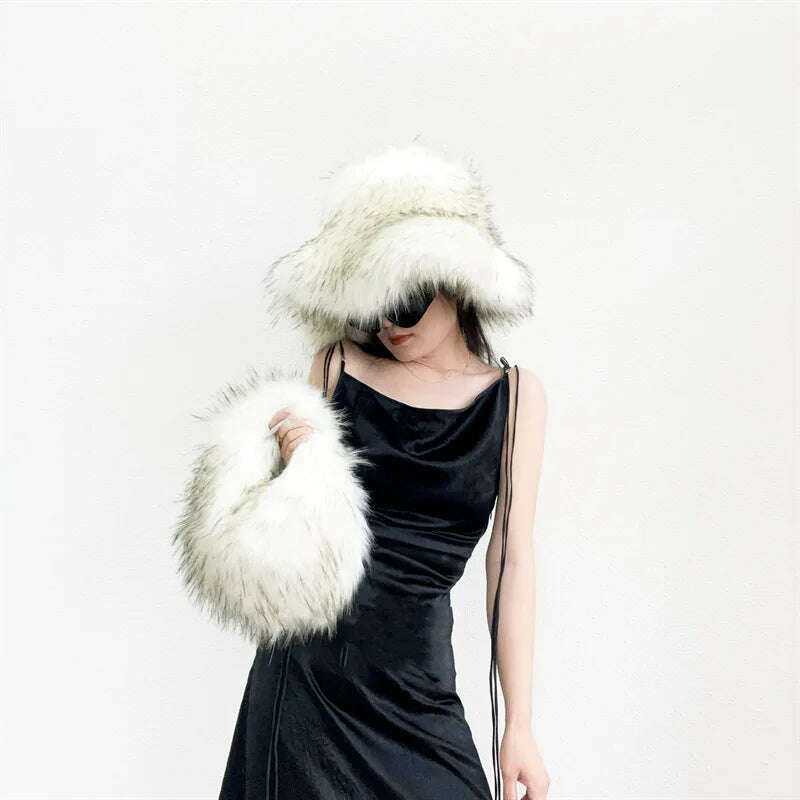 Winter Warm Faux Fur Bucket Hats For Women Girl Big Faux Fur Fluffy Luxury Plush Fisherman Caps Fashion Outdoor Ski Hat - KIMLUD