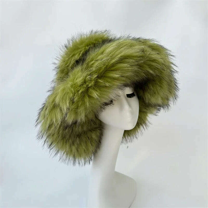 Winter Warm Faux Fur Bucket Hats For Women Girl Big Faux Fur Fluffy Luxury Plush Fisherman Caps Fashion Outdoor Ski Hat - KIMLUD