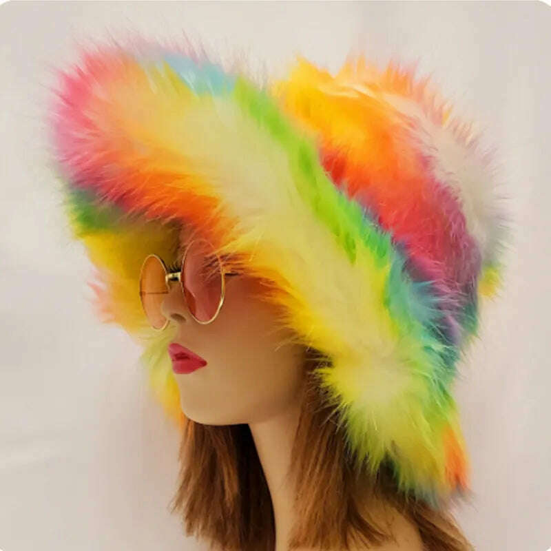 Winter Warm Faux Fur Bucket Hats For Women Girl Big Faux Fur Fluffy Luxury Plush Fisherman Caps Fashion Outdoor Ski Hat - KIMLUD