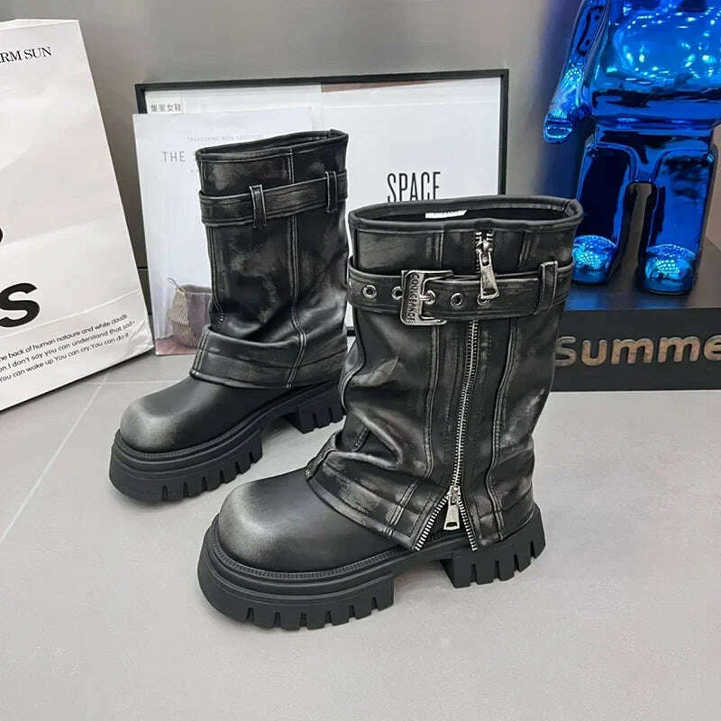 Winter Women Biker Boots Fashion Belt Buckle Ladies Elegant Platform Flats Mid Calf Booties Casual Women's Knight Booties - KIMLUD
