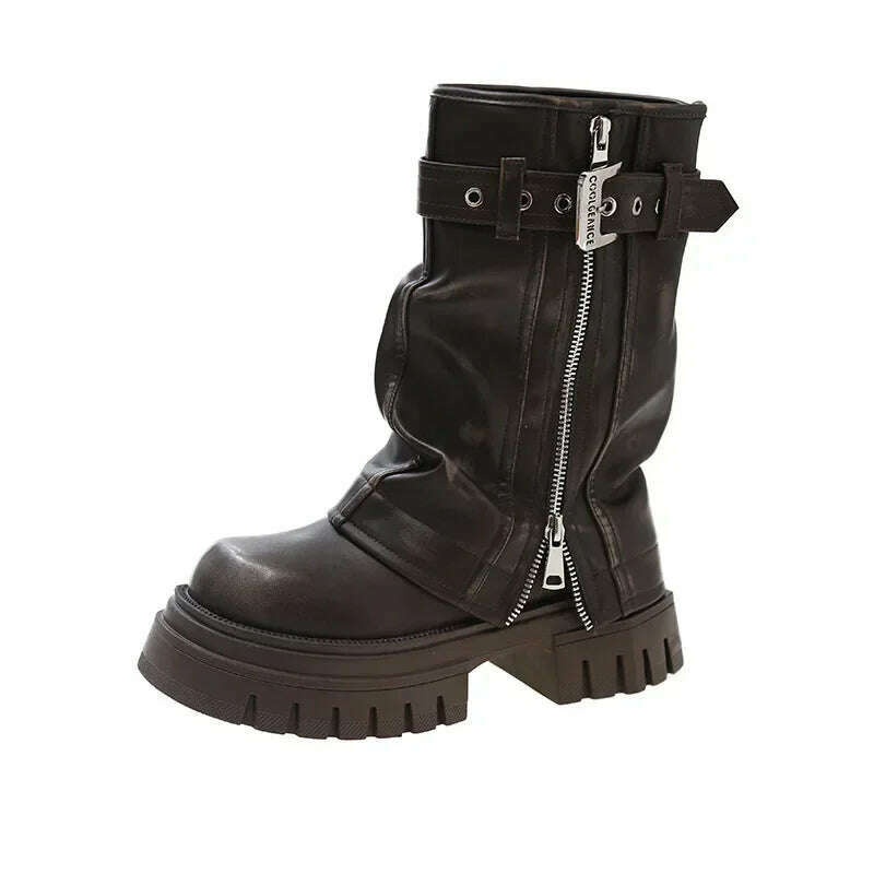 Winter Women Biker Boots Fashion Belt Buckle Ladies Elegant Platform Flats Mid Calf Booties Casual Women's Knight Booties - KIMLUD