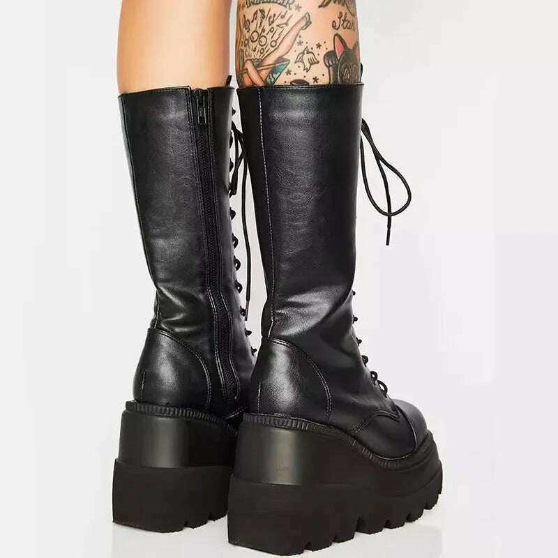 KIMLUD, Winter Women Boots Mid-calf Wedge High Heel Platform Lace Up Zip Ladies Pumps Female Punk Gothic Motorcycle Black Round Toe Shoe, KIMLUD Womens Clothes