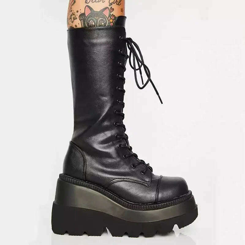 KIMLUD, Winter Women Boots Mid-calf Wedge High Heel Platform Lace Up Zip Ladies Pumps Female Punk Gothic Motorcycle Black Round Toe Shoe, KIMLUD Womens Clothes