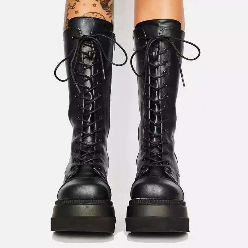 KIMLUD, Winter Women Boots Mid-calf Wedge High Heel Platform Lace Up Zip Ladies Pumps Female Punk Gothic Motorcycle Black Round Toe Shoe, KIMLUD Womens Clothes