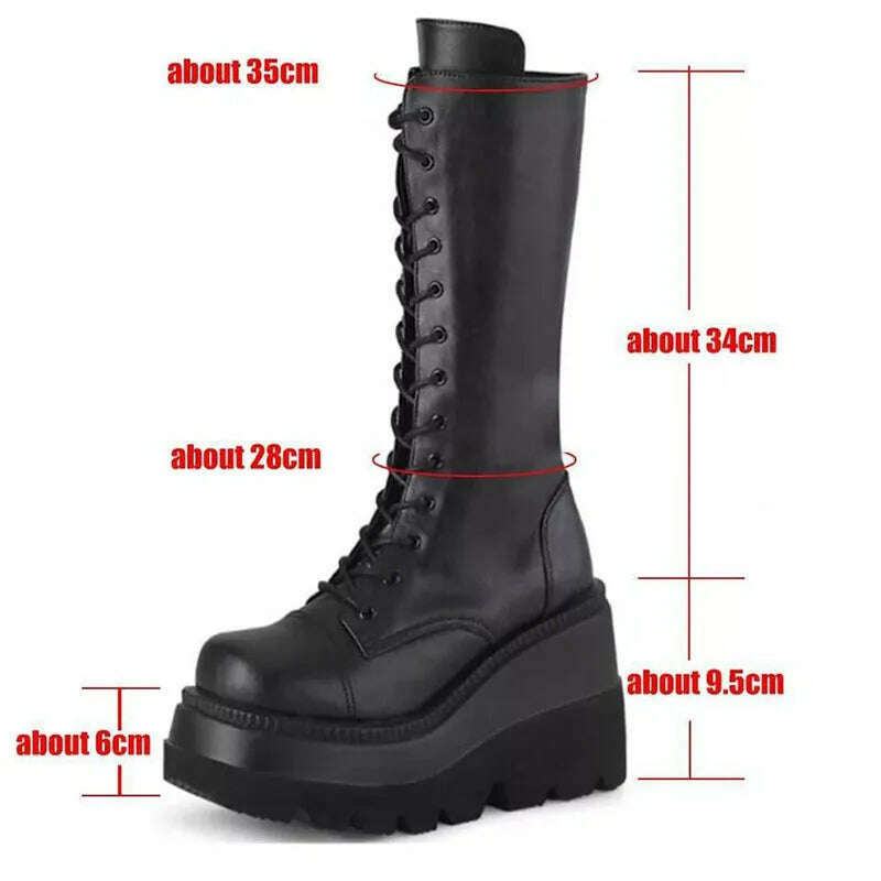 KIMLUD, Winter Women Boots Mid-calf Wedge High Heel Platform Lace Up Zip Ladies Pumps Female Punk Gothic Motorcycle Black Round Toe Shoe, KIMLUD Womens Clothes