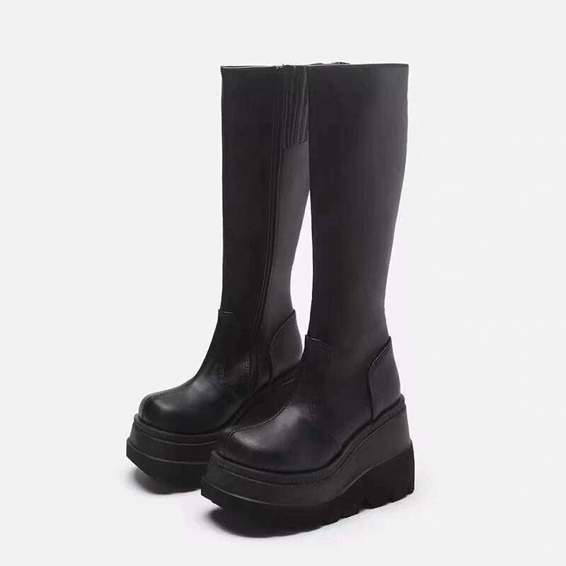 KIMLUD, Winter Women Boots Mid-calf Wedge High Heel Platform Lace Up Zip Ladies Pumps Female Punk Gothic Motorcycle Black Round Toe Shoe, Black Side Zip / 35, KIMLUD APPAREL - Womens Clothes